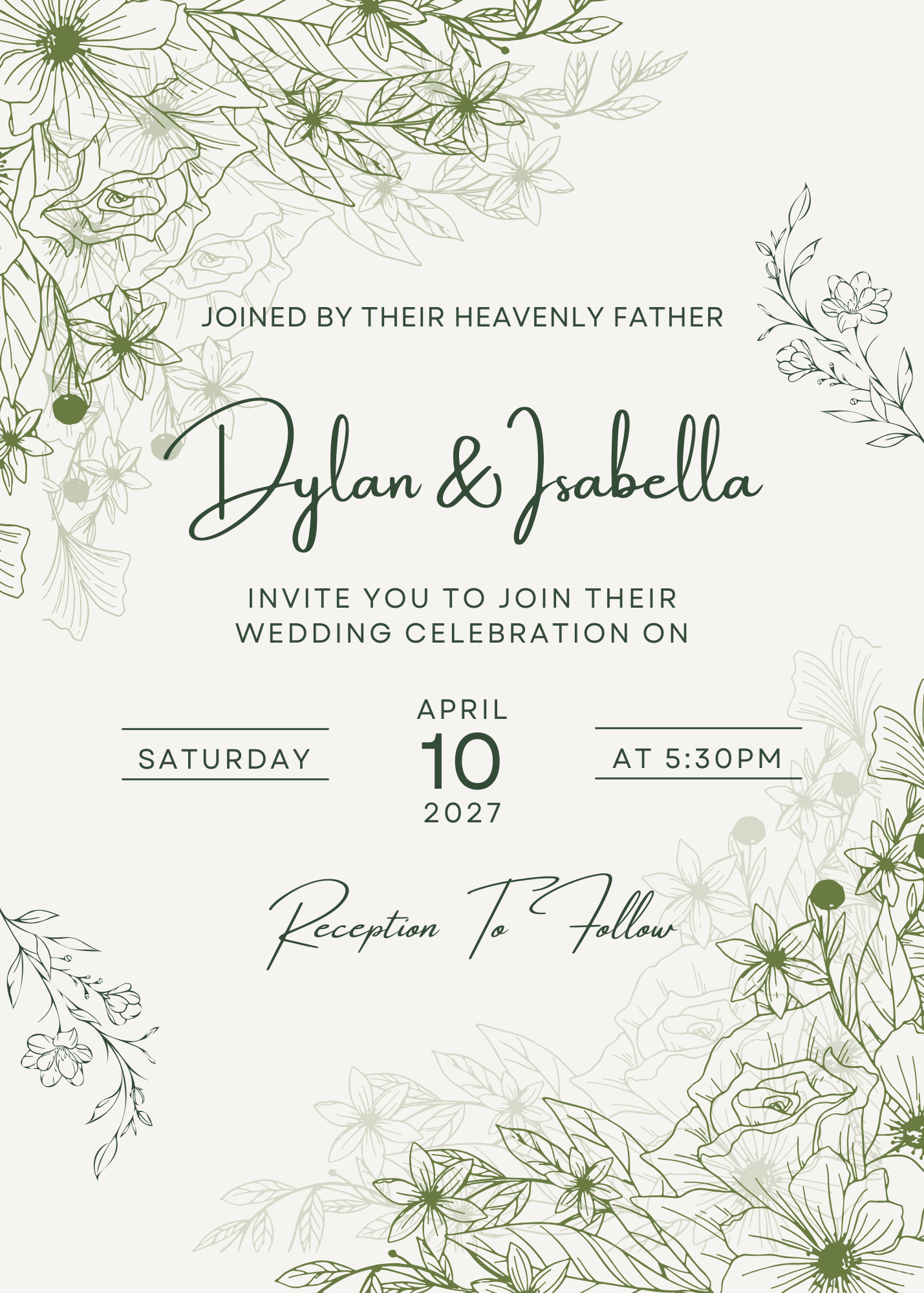 Wedding invitation — Dylan & Isabella, April 10, 2027